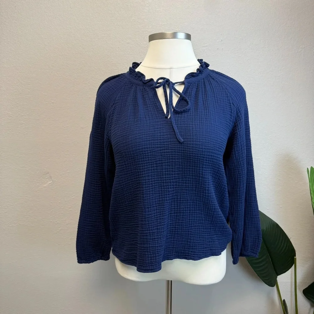 J. Crew Navy Blue Ruffle Neck Blouse - Size XL